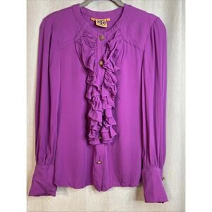 Tory Burch - Long Sleeve Ruffle Button Up Silk Blouse - Purple - Women’s Size 6